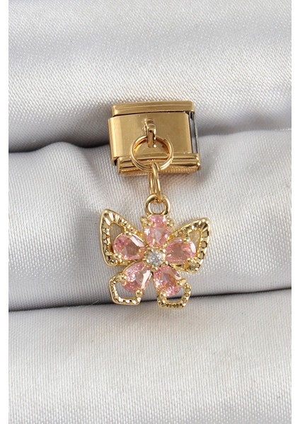 316L Çelik Sallantılı Zirkon Taşlı Çiçek Figürlü Kelebek Model Gold Renk Nomination Charm - TJ-BC1419