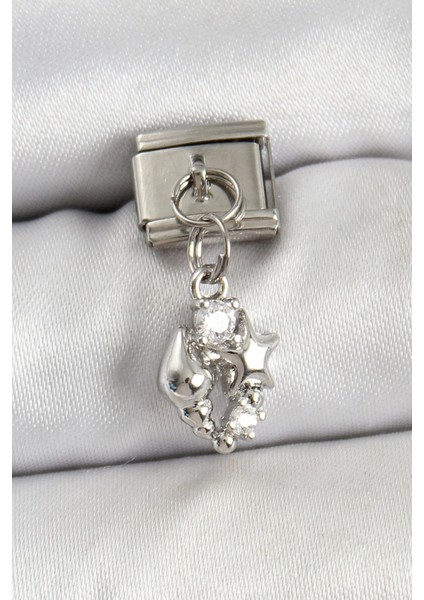 316L Çelik Sallantılı Zirkon Taşlı Deniz Kabuğu ve Yıldız Model Gümüş Renk Nomination Charm - TJ-BC1459