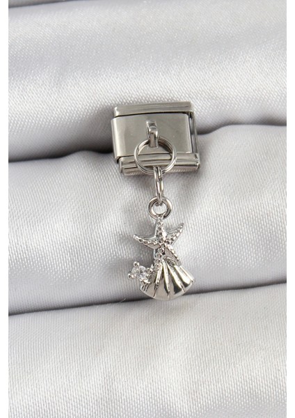 316L Çelik Sallantılı Zirkon Taşlı Deniz Yıldızı ve Istiridye Model Gümüş Renk Nomination Charm - TJ-BC1454