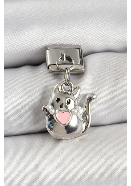 316L Çelik Sallantılı Kalp Detaylı Kedi Model Gümüş Renk Nomination Charm - TJ-BC1460
