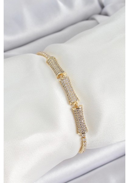 Pirinç Gold Renk Zirkon Taşlı Kemik Model Kadın Bileklik - TJ-BB7070