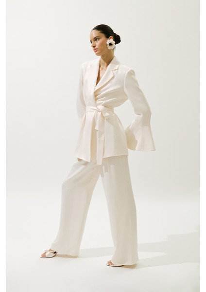 Geniş Paça Saten Abiye Pantolon Vanilya modelleri