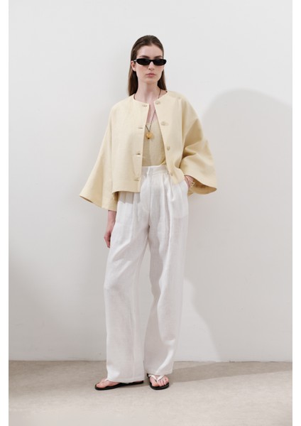 Keten Pileli Geniş Pantolon Ekru