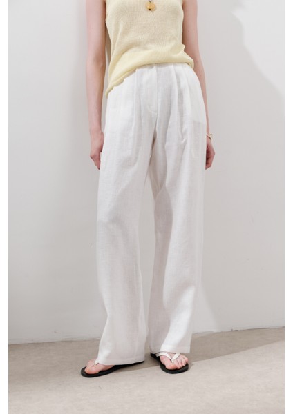 Keten Pileli Geniş Pantolon Ekru modelleri
