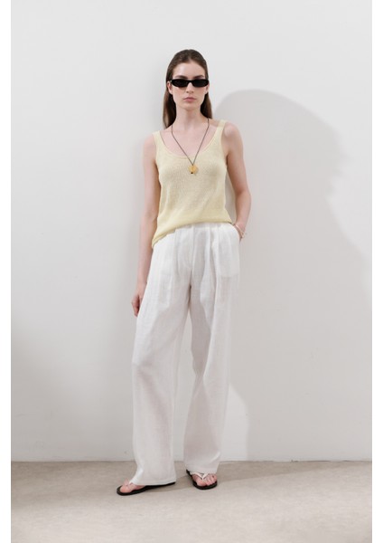 Keten Pileli Geniş Pantolon Ekru fırsatları