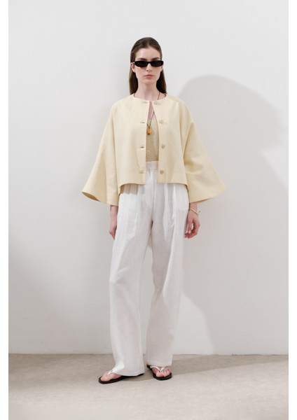 Keten Pileli Geniş Pantolon Ekru indirimleri