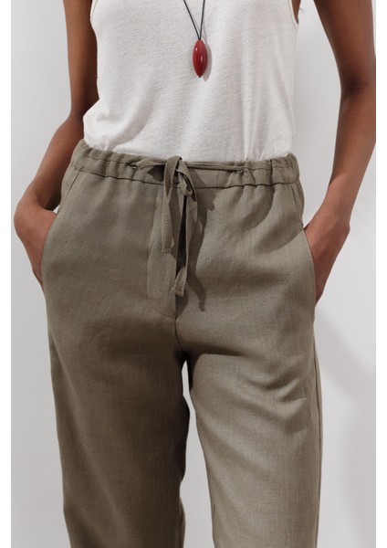 Keten Barrel Pantolon Haki fırsatları