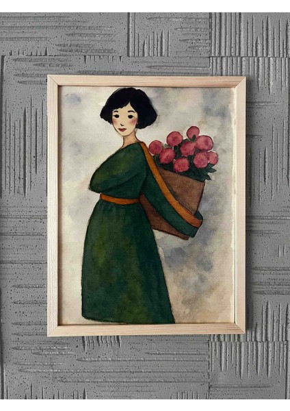 "çiçek Taşıyan Kadın"a3 Premium Sanat Baskısı (Çerçeveli)