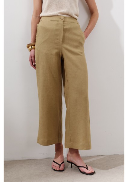 Keten Geniş Paça Pantolon Köri modelleri