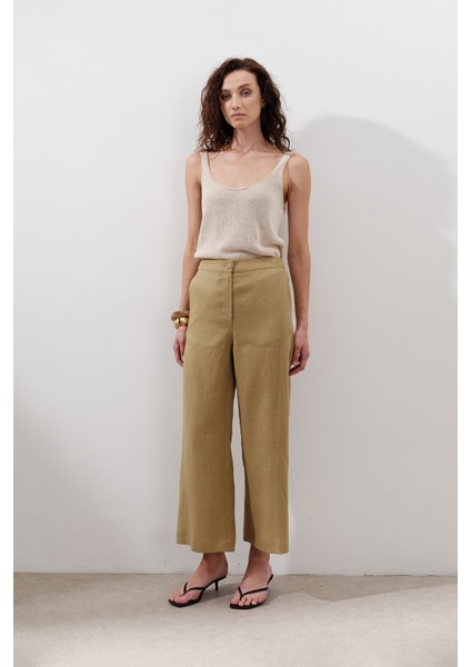 Keten Geniş Paça Pantolon Köri fırsatları