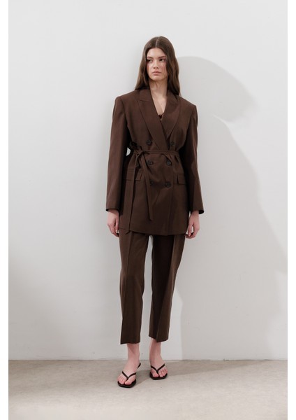 Tencel Pileli Pantolon Acı Kahve