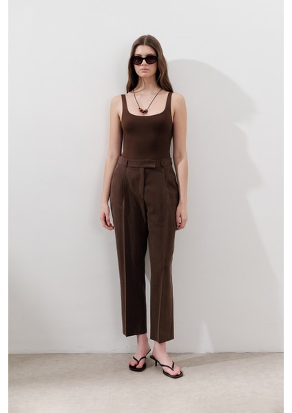 Tencel Pileli Pantolon Acı Kahve modelleri
