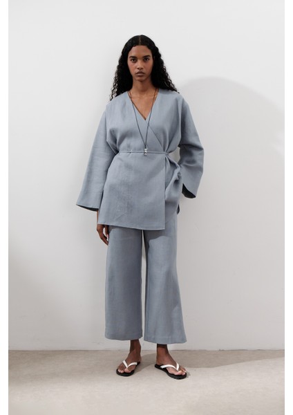 Keten Geniş Paça Pantolon Mavi