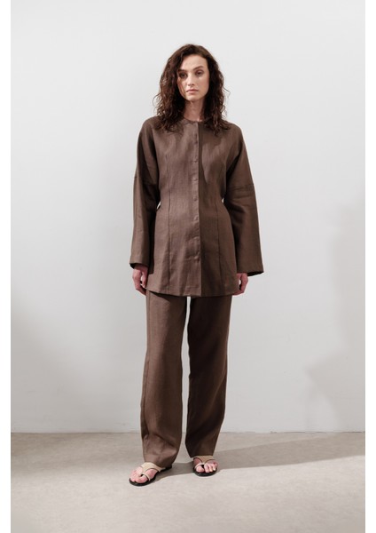 Keten Barrel Pantolon Tozlu Kahve