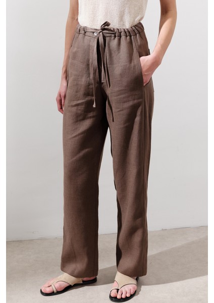 Keten Barrel Pantolon Tozlu Kahve modelleri