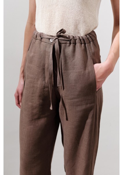 Keten Barrel Pantolon Tozlu Kahve fırsatları