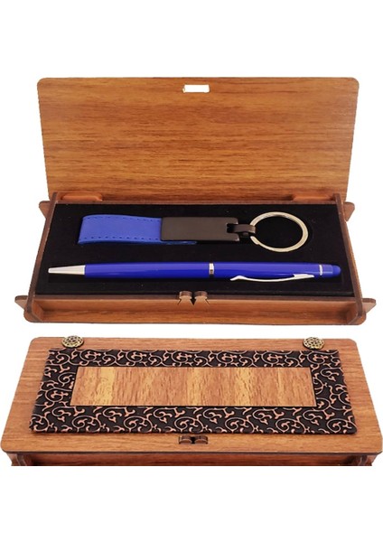 Ahşap Kutulu Koyu Mavi Kalem ve Anahtarlık Set - FKU3189-7163