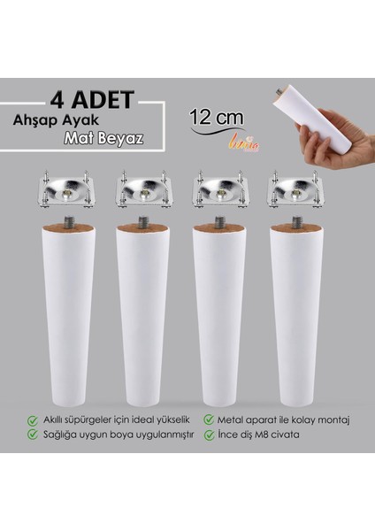 4 Adet Ahşap Ayak 12 cm Beyaz M8 Civatalı Bağlantı Aparatlı Dolap Mobilya Koltuk Kanepe Destek Ayağı Ayakları