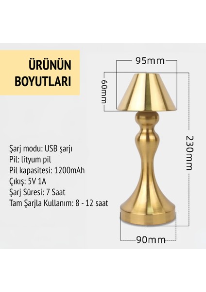 Şarjlı Dokunmatik Ayarlanabilir Işıklı 3 Modlu Dekoratif Gold Retro Sehpa Konsol Yemek Masa Lambası