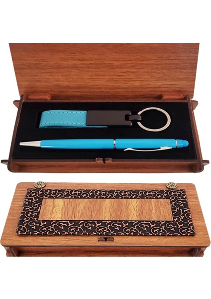 Ahşap Kutulu Kalem ve Anahtarlık Mavi Set - FKU8355-9198
