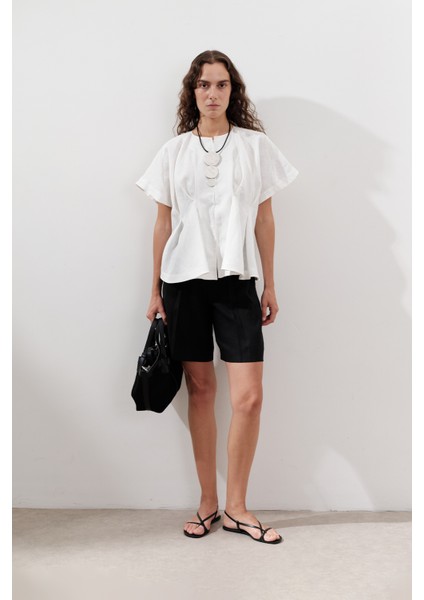 Keten Pile Detaylı Yelek Ekru