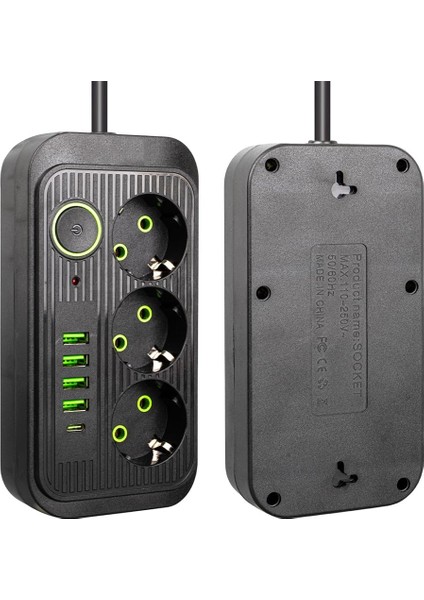 Akım Korumalı Priz, 3000 Watt 16 Amper, 3'lü Çoklu Priz, 4 USB + 1 Type C Pd Giriş, 1,5 Metre Kablo Uzunluğu, USB Li Priz, Anahtarlı, Topraklı, Çocuk Korumalı, (Siyah)