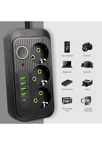 Akım Korumalı Priz, 3000 Watt 16 Amper, 3'lü Çoklu Priz, 4 USB + 1 Type C Pd Giriş, 1,5 Metre Kablo Uzunluğu, USB Li Priz, Anahtarlı, Topraklı, Çocuk Korumalı, (Siyah)
