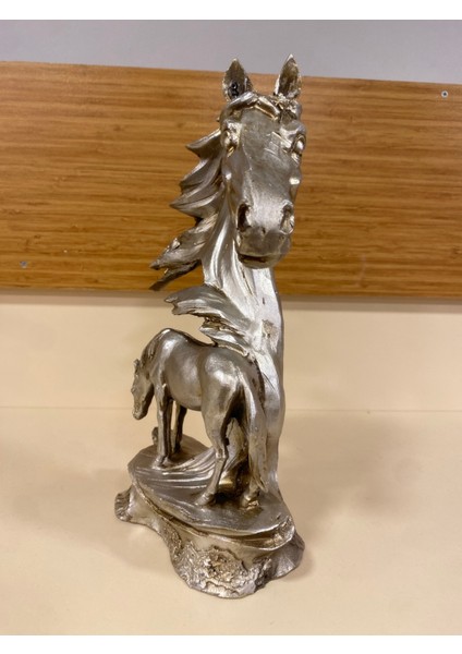 Dekoratif Obje At Başı Yavrulu Gümüş Boy 30 cm