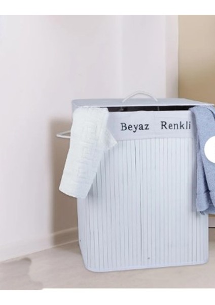 Bambu Çift Hazneli Çamaşır Sepeti - Beyaz