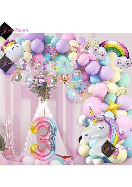3 Yaş Karakterli Unicorn Temalı Iyi Ki Doğdun Makaron Balon Doğum Günü Parti Kutlama Seti BMCNM342