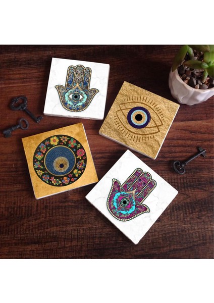 Nazar, Fatma Ana Eli (Hamsa) Taş Bardak Altlığı Seti - 4 Parça - Dekoratif, Rustik Mutfak Aksesuarı, 10X10 Cm, Kaydırmaz Tabanlı, Şık ve Dayanıklı SC511