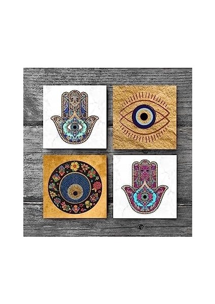 Nazar, Fatma Ana Eli (Hamsa) Taş Bardak Altlığı Seti - 4 Parça - Dekoratif, Rustik Mutfak Aksesuarı, 10X10 Cm, Kaydırmaz Tabanlı, Şık ve Dayanıklı SC511