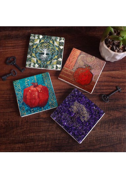 Hayat Ağacı, Nar Taş Bardak Altlığı Seti - 4 Parça - Dekoratif, Rustik Mutfak Aksesuarı, 10X10 Cm, Kaydırmaz Tabanlı, Şık ve Dayanıklı SC485