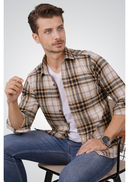 Beyaz Kahve Çizgili Slimfit Oduncu Erkek Gömlek modelleri