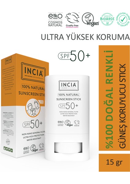 100% Doğal Güneş Koruyucu Sun Stick Renkli Mineral Filtreli Hassas Cilt Bitkisel UVA UVB SPF50+ 15 gr