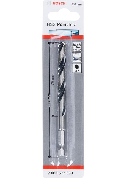 Professional Altıgen Şaftlı - Pointteq - Hss Metal Matkap Ucu 8, 0 * 117MM, Gri