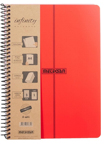 Infinity Primary Serisi, A4, 4 Konulu (3 Kareli, 1 Çizgili) 120 Yaprak Pp Kapaklı Spiralli Defter, Kırmızı