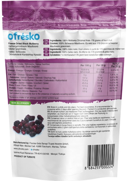 Karadut Kuru Meyve Cipsi 20 gr – İlave Şekersiz & Katkısız - Dondurularak Kurutulmuş Sağlıklı Atıştırmalık – Freeze Dried Karadut