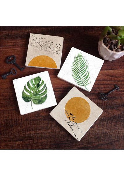 Minimalist, Yaprak Taş Bardak Altlığı Seti - 4 Parça - Dekoratif, Rustik Mutfak Aksesuarı, 10X10 Cm, Kaydırmaz Tabanlı, Şık ve Dayanıklı SC344