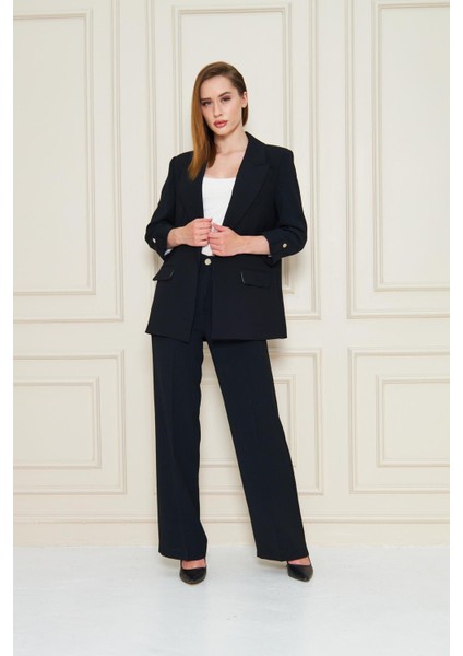 Kısa Kol Nikel Düğmeli Krep Takım Siyah