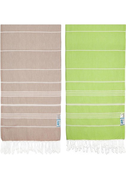 Pamuk Extra Large (90 x 180 Cm) Peştemal Plaj Havlusu, Oeko-Tex Sertifikalı, Süper Yumuşak Deniz Havlusu, Hafif, Kum Tutmaz, Yıkanmış, Hızlı Kurur (2'li Set- F.yesili-Acik Kahve)