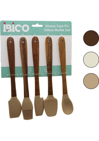 5 Pcs - MİNİ=21CM Renkli Silikon Mutk Seti 3-Spatula - 1-Yumurta Fırçası - 1-Kaşık Ahşap Akasya Saplı