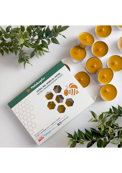 (12 Adet) Tealight Doğal Petek Balmumu Mum Standart Boy Beeswax Candle