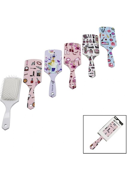 Saç Fırçası - Tarak Plastik Renkli Desenli Sap - Beyaz Fırça Kılları