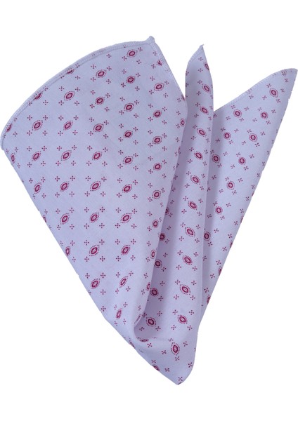 Beyaz Üzeri Bordo Geometrik Desen Baskılı Pamuk Yaka Mendili