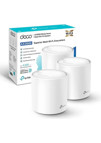 Deco X50(3-PACK), AX3000 Mbps, Yapay Zeka Desteği, Gigabit Portları, 150 Cihaza Kadar Bağlanılabilirlik, 600 M²'ye Kadar Kapsama, Mobil Uygulama ile Kolay Kurulum, Wi-Fi 6 Mesh Sistemi