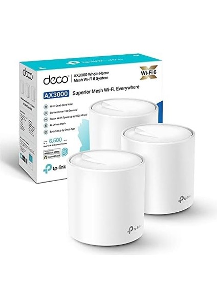 Deco X50(3-PACK), AX3000 Mbps, Yapay Zeka Desteği, Gigabit Portları, 150 Cihaza Kadar Bağlanılabilirlik, 600 M²'ye Kadar Kapsama, Mobil Uygulama ile Kolay Kurulum, Wi-Fi 6 Mesh Sistemi