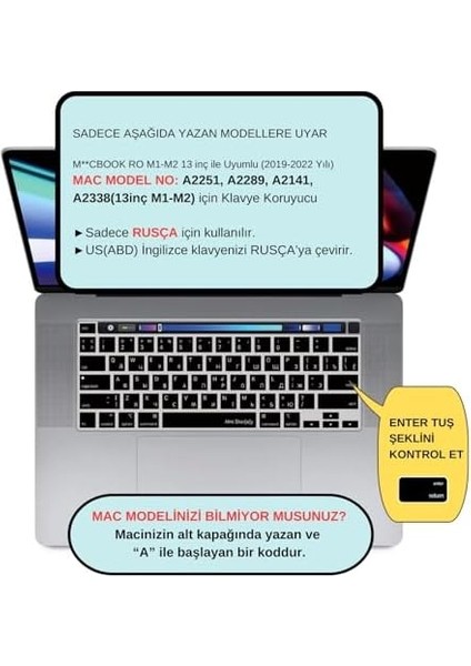 Rusça Klavye Koruyucu Macbook Pro M1-M2 13 Inç 2019/2022 (Touchbarlı) A2251 A2289 A2338 A2141 Us Enter ile Uyumlu Siyah