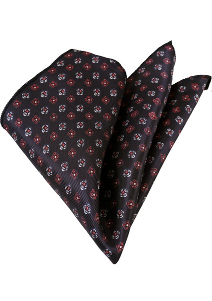 Siyah Üzerine Kırmızı Beyaz Çiçekli Saten Yaka Mendili