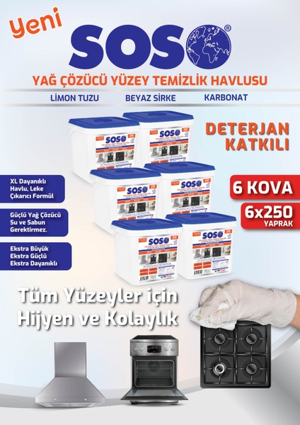 6 Adet x 250 Yaprak - Soso Özel Formüllü Kova Yağ Çözücü Yüzey Temizleme Mendili Inslm